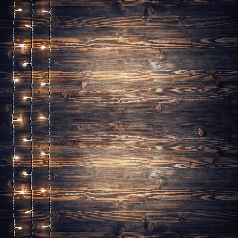 Rustic Wood w/ White Christmas Lights Textured Wallpaper Banner - Vinyl
